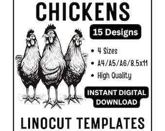 15 Chicken Hen Rooster Linocut Woodcut Tracing Designs - A4 A5 A6 & US Letter Size JPG Download - Crafting Printing Scrapbooking Card Making