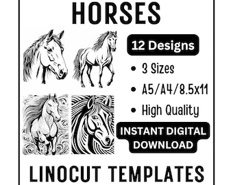 12 Horse Linocut Woodcut Tracing Designs - A4 A5 Letter Sizes - JPG Instant Download - Crafts & Card Making, Lino Printing Stencil, Wall Art