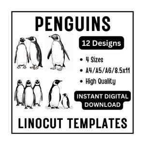 12 diseños de pingüinos para linóleo y xilografía - Pájaros abstractos - Tamaños A4, A5, A6 y Carta (EE. UU.) - Descarga en formato JPG - Impresión, manualidades, álbumes de recortes y tarjetas
