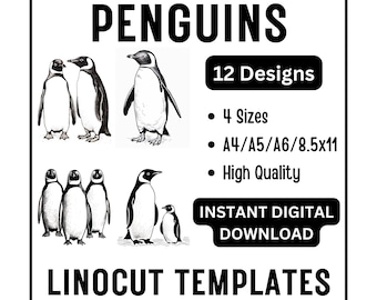 12 Penguin Linocut Woodcut Tracing Designs - Abstract Birds - A4 A5 A6 & US Letter Size JPG Download - Craft Printing Scrapbook Card Making