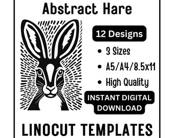 12 Abstract Wildlife Hare Linocut Woodcut Tracing Designs - A4 A5 Letter Sizes - JPG Instant Download - Crafting Printing Scrapbook Wall Art