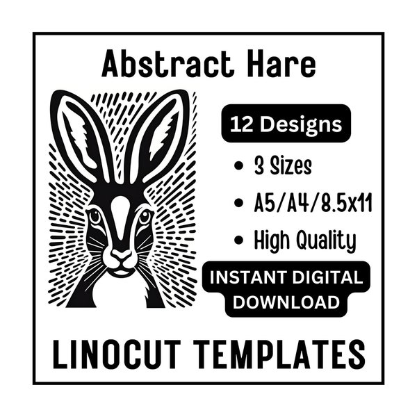 12 Abstract Wildlife Hare Linocut Woodcut Tracing Designs - A4 A5 Letter Sizes - JPG Instant Download - Crafting Printing Scrapbook Wall Art