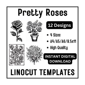 12 Pretty Rose Flowers Linocut Woodcut Tracing Designs - A4 A5 A6 & US Letter Size JPG Download - Crafting Printing Scrapbooking Card Making