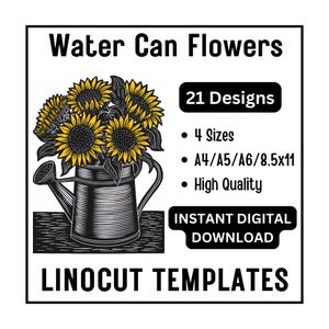 21 Water Can Flowers Linocut Woodcut Tracing Designs - A4 A5 A6 & US Ltr Size JPG Download - Crafting Ink Printing Scrapbooking Card Making