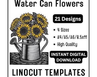 21 Water Can Flowers Linocut Woodcut Tracing Designs - A4 A5 A6 & US Ltr Size JPG Download - Crafting Ink Printing Scrapbooking Card Making