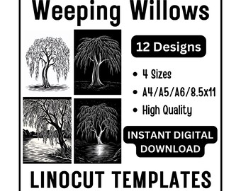 12 Weeping Willow Tree Linocut Woodcut Tracing Designs - A4 A5 A6 & US Letter Size JPG Download - Crafting Printing Scrapbooking Card Making