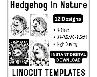12 Hedgehogs in Nature Linocut Woodcut Tracing Designs - A4 A5 A6 & US Letter Size JPG Download - Crafting Printing Scrapbooking Card Making