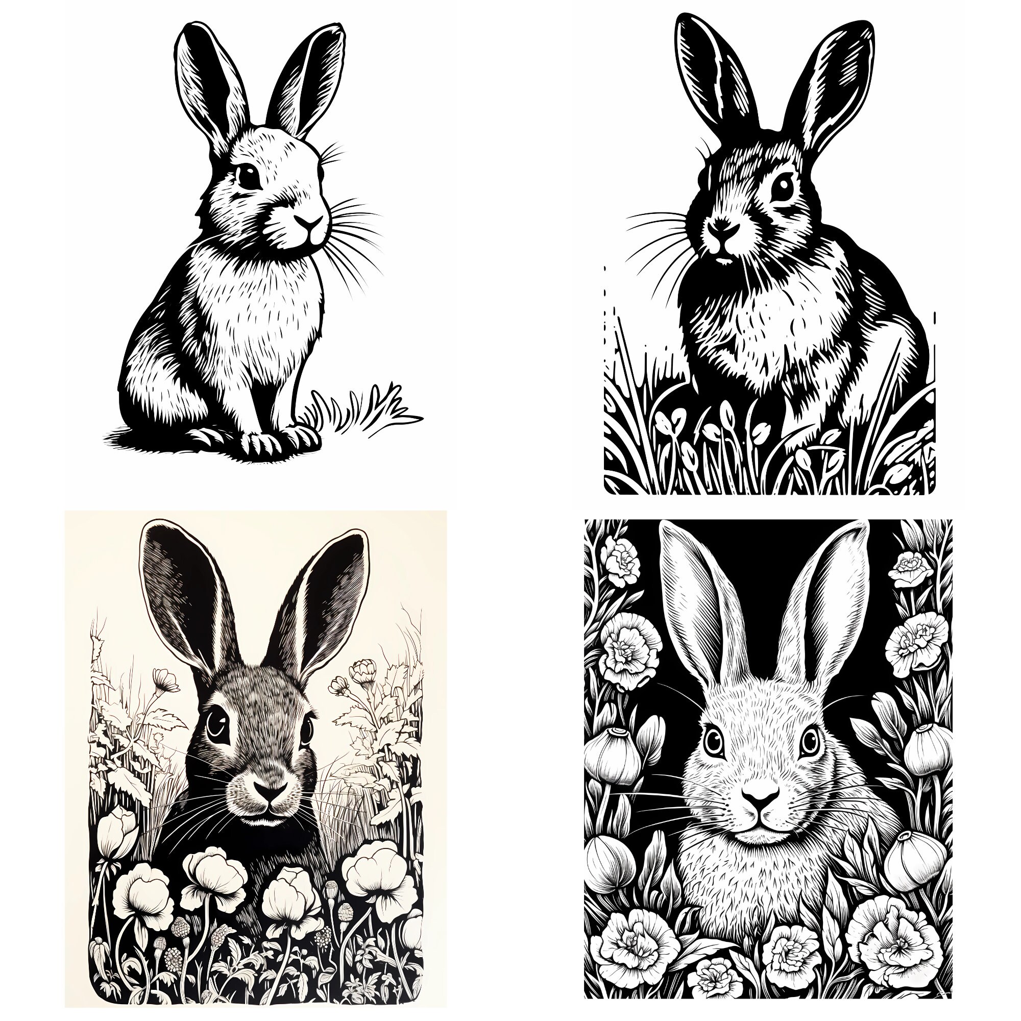 12 Rabbit Bunny Linocut Woodcut Tracing Designs - A4 A5 USA Letter