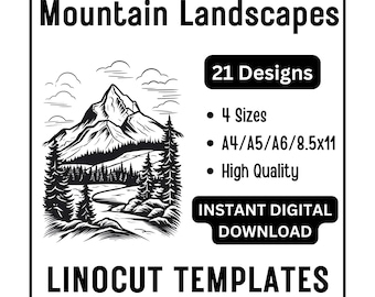 21 Mountain Landscape Linocut Woodcut Tracing Designs - A4 A5 A6 & US Ltr Size JPG Download - Crafting Ink Printing Scrapbooking Card Making