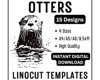 15 Otter Linocut Woodcut Tracing Designs - A4 A5 A6 & US Letter Size JPG Download - Lino Carving Crafting Printing Scrapbooking Card Making