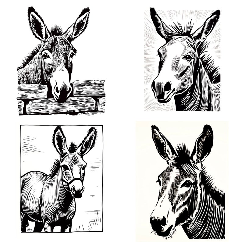 12 Cute Donkeys Linocut Woodcut Tracing Designs - A4 A5 Letter Sizes ...