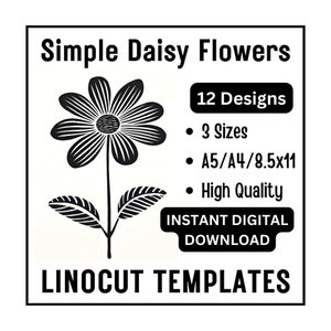 12 Simple Daisy Flowers Linocut Woodcut Tracing Designs - A5/A4/8.5x11 - JPG Digital Download  Home Craft Printing Botanical Scrapbook Art