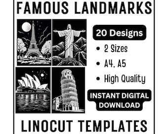 20 Famous Landmarks Linocut Woodcut Tracing Designs & Coloring Pages - A4 A5 Size JPG Downloads - Crafts, Card Making, Block Carving, Color