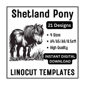 21 Poney shetland linogravure gravure sur bois traçage modèle Design - A4 A5 A6 & US Letter JPG téléchargement - sculpture sur bloc artisanat impression fabrication de cartes