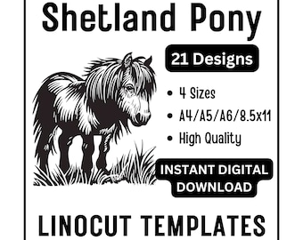 21 Shetland Pony Linocut Woodcut Tracing Template Design - A4 A5 A6 & US Letter JPG Download -  Block Carving Crafting Printing Card Making