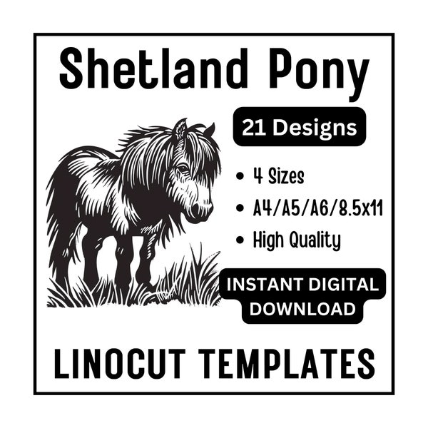 21 Shetland Pony Linocut Woodcut Tracing Template Design - A4 A5 A6 & US Letter JPG Download -  Block Carving Crafting Printing Card Making