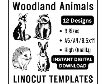 12 Woodland Animals Linocut Woodcut Tracing Designs - Fox, Rabbit, Hedgehog, Badger, Deer, Mouse - A4 A5 Letter Sizes - JPG Instant Download
