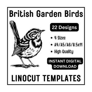 22 Britse tuinvogels Linosnede-sjablonen voor beginners - 4 maten JPG direct downloaden - snijwerk, knutselaars, pyrografie, afdrukbare inktstencils