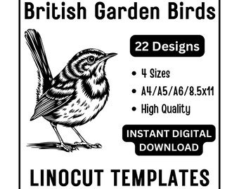 22 British Garden Birds Beginner Linocut Templates - 4 Sizes JPG Instant Download - Carving, Crafters, Pyrography, Printable Ink Stencils