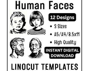 12 Human Face Linocut Woodcut Tracing Designs - A4 A5 Letter Sizes - JPG Instant Download - Crafts & Card Making, Baby, Seniors, Teen, Adult