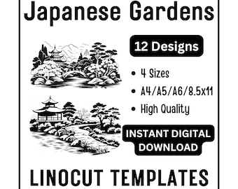 12 Japanese Garden Linocut Woodcut Tracing Designs - A4 A5 A6 & US Letter Size JPG Download - Linoleum Carving Crafting Printing Card Making