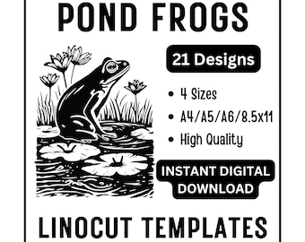 21 diseños de plantillas de xilografía y linograbado de ranas de estanque (A4, A5, A6 y tamaño carta, descarga JPG) - Tallado, manualidades, impresión y tarjetas
