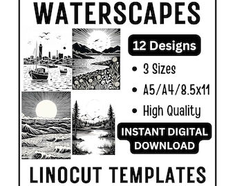 12 Waterscape Linocut Woodcut Tracing Designs - A4 A5 Letter Sizes - JPG Instant Download - Crafts & Card Making, Seascape Landscape Prints