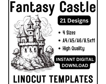21 Fantasy Castle Linocut Woodcut Tracing Template Designs - A4 A5 A6 & US Letter Size JPG Download - Carving Crafting Printing Card Making