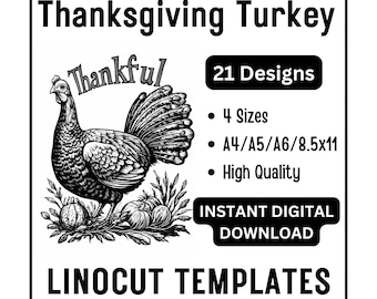 21 Thanksgiving Turkey Linocut Woodcut Tracing Templates - A4 A5 A6 & US Letter JPG Download - Ink Carving Crafting Printing Card Making