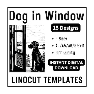 15 hond in een venster linosnede overtrekontwerpen - A4/A5/A6/VS-brief - direct downloaden - Canine Puppy Linoblok afdrukken en kaarten maken