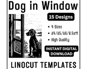15 Dog In A Window Linocut Tracing Designs - A4 / A5 / A6 / USA Letter - Instant Download - Canine Puppy Lino Block Printing & Card Making