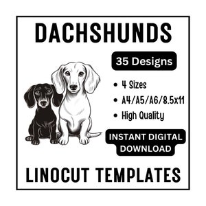35 Dackel Sausage Hunde Linolschnitt Holzschnitt Vorlage Designs - A4 A5 A6 US Letter JPG Download - Haustiere Carving Craft Print Kartenherstellung