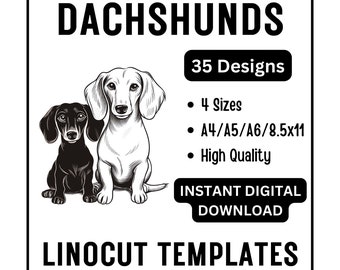 35 Dachshund Sausage Dogs Linocut Woodcut Tracing Template Designs - A4 A5 A6 US Letter JPG Download - Pets Carving Craft Print Card Making