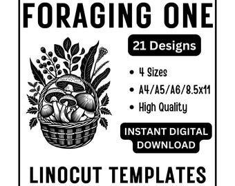 21 Foraging Linocut Tracing Designs - 4 Sizes JPG - Mushrooms, Herbs, Nature | Beginner Carving - Crafting Printing Scrapbooking Card Making