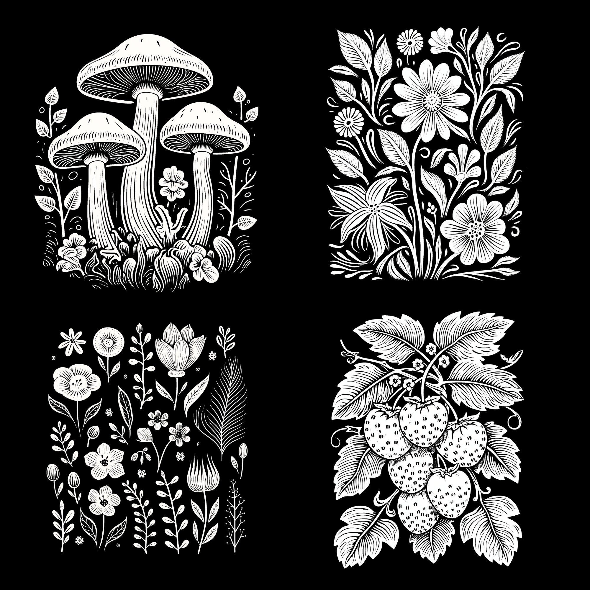 12 Botanical Linocut Inspired Coloring Pages - Tracing Templates - PDF ...