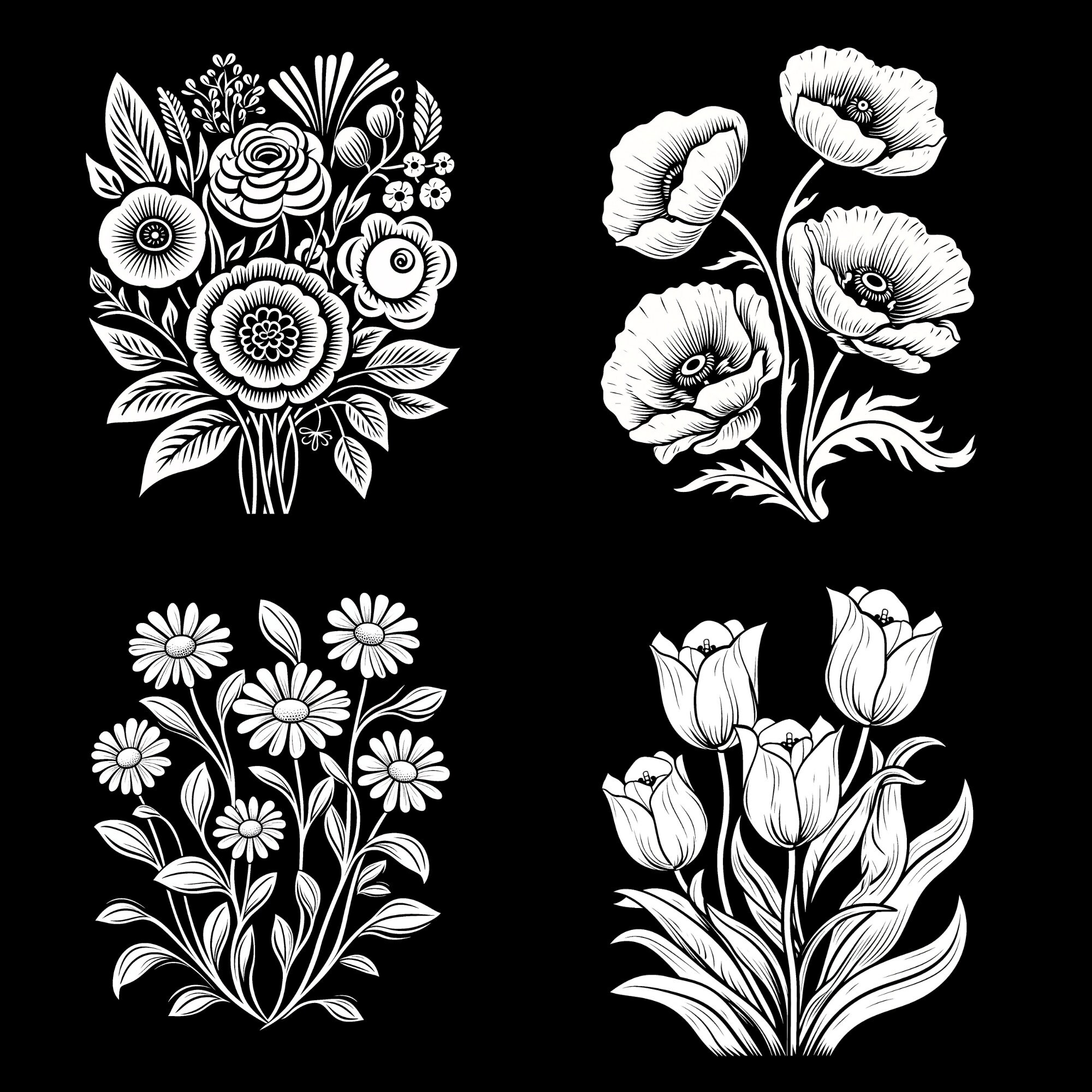 12 Floral Linocut Inspired Coloring Pages - Tracing Templates - PDF ...