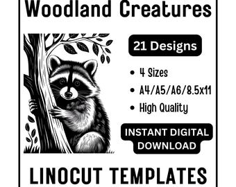21 Woodland Wildlife Linocut Templates | Forest Animals Printable Art | Fox, Owl, Deer, Bear, Squirrel | 21 Digital JPG Designs in 4 Sizes