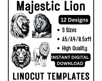 12 Majestic Lion Linocut Woodcut Tracing Designs - A4 A5 Letter Sizes - JPG Instant Download - Crafts & Card Making, Lino Prints, Wall Art