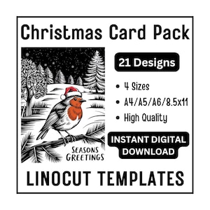 21 Cute Christmas Card Linocut Woodcut Tracing Designs - A4 A5 A6 & US Letter Size JPG Download - Crafting Printing Scrapbooking Card Making