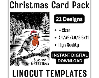 21 Cute Christmas Card Linocut Woodcut Tracing Designs - A4 A5 A6 & US Letter Size JPG Download - Crafting Printing Scrapbooking Card Making