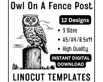 12 Simple Owl on a Fence Post Linocut Woodcut Tracing Designs - A5/A4/8.5x11 - JPG Digital Download Home Craft Screen Printing Scrapbook Art