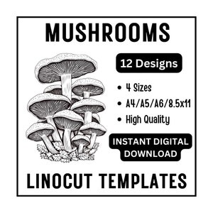 12 champignons champignons linogravure gravure sur bois traçage modèles - A4 A5 A6 & téléchargement JPG format lettre US - artisanat impression Scrapbooking fabrication de cartes