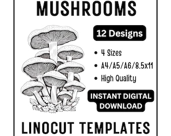12 Mushrooms Fungi Linocut Woodcut Tracing Designs - A4 A5 A6 & US Letter Size JPG Download - Crafting Printing Scrapbooking Card Making