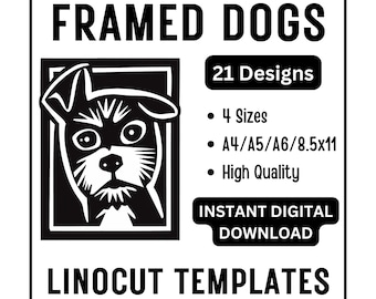 21 Framed Dogs Abstract Fun Linocut Woodcut Tracing Template Design A4 A5 A6 & US Letter JPG Download - Carving Crafts Printing Card Making