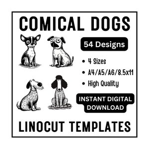 54 Comical Cartoon Funny Dogs Abstract Linocut Tracing Template Designs - A4 A5 A6 US  JPG Download -  Lino Carving Craft Print Card Making