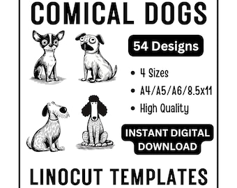 54 Comical Cartoon Funny Dogs Abstract Linocut Tracing Template Designs - A4 A5 A6 US  JPG Download -  Lino Carving Craft Print Card Making