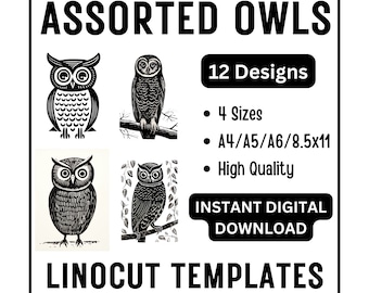 12 Abstract Fun Owls Linocut Woodcut Tracing Designs - A4 A5 A6 & US Letter Size - JPG Download - Crafting Printing Scrapbooking Card Making