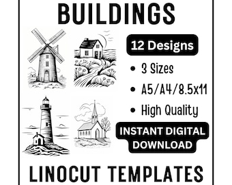 12 Buildings Linocut Woodcut Tracing Designs - Cottage, Windmill, Church, Lighthouse, Barn, Cabin - A4 A5 Letter Size JPG Instant Download