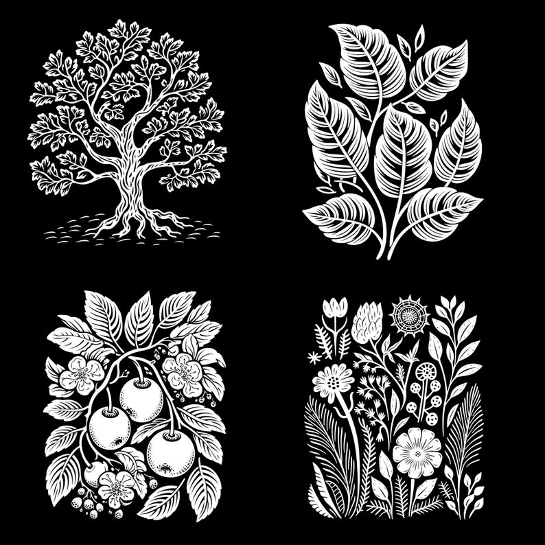 12 Botanical Linocut Inspired Coloring Pages - Tracing Templates - PDF ...
