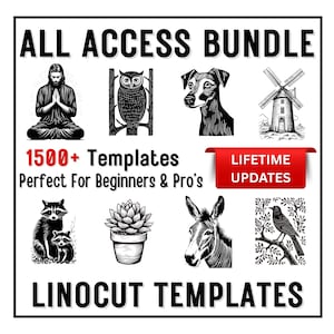 以下が含まれることがあります： 黒と白のリノカットテンプレートバンドル。瞑想する人物、フクロウ、犬、風車、アライグマ、多肉植物、ロバ、鳥などのイラストが含まれています。「ALL ACCESS BUNDLE」、「1500+ Templates」、「LIFETIME UPDATES」の文字。